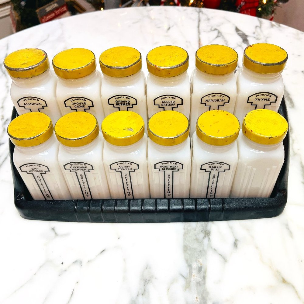 Retro milk glass Griffiths spice jar set of 12 - Picture 2 of 14